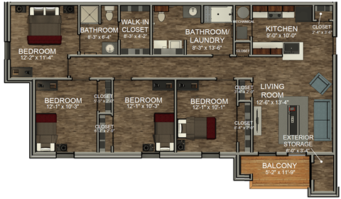 Floor plan for 4 beds, 2 baths, 1530 sqft